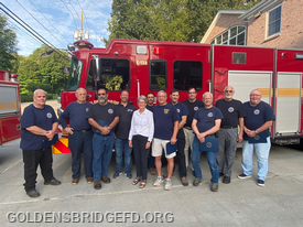 In a ceremony this week at the Golden’s Bridge Firehouse, Westchester County Legislator Kitley Covill honored a group of firefighters of the Golden’s Bridge Fire Department with 25 or more years of service as volunteer emergency first responders. (Stephen Mangione)