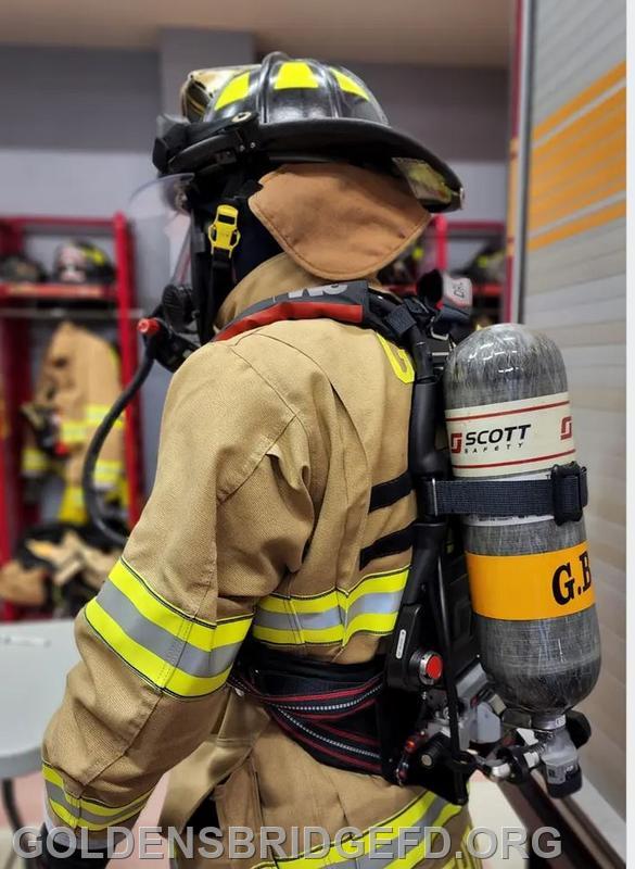New breathing apparatus being modeled by a Golden's Bridge firefighter. (Golden's Bridge Fire Department