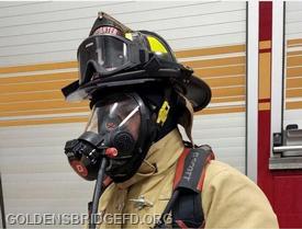 New breathing apparatus being modeled by a Golden's Bridge firefighter. (Golden's Bridge Fire Department )